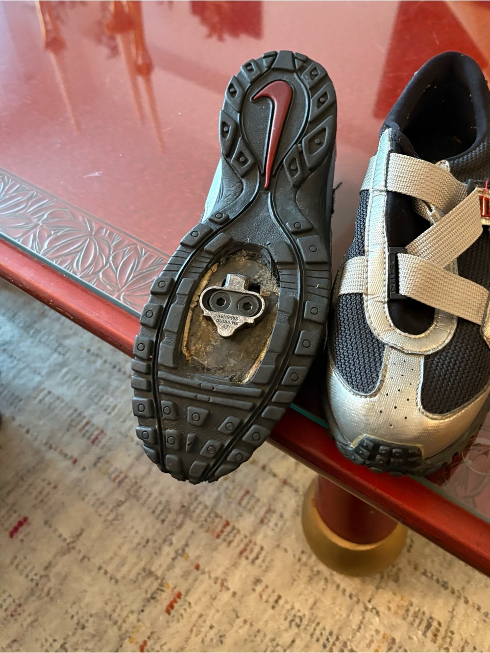 Nike WOMENS Black and Silver Cycling Shoes with Red Logo Accent
